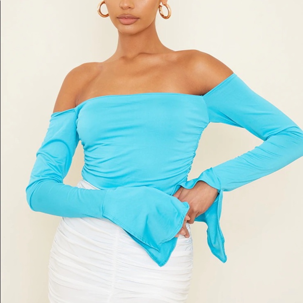 PLT Slinky Ruched Bardot Long Sleeve Bodysuit